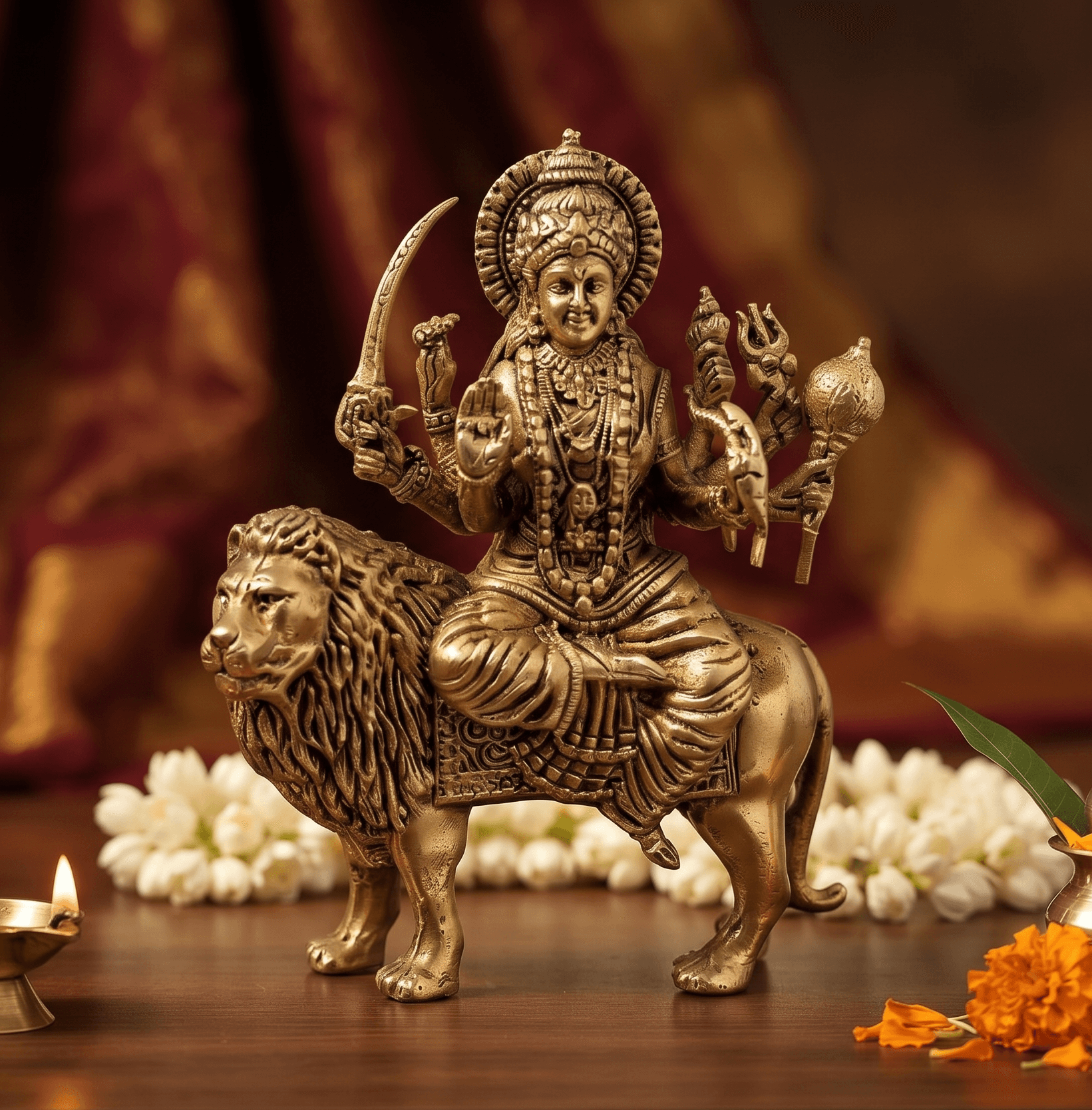 Simhavahini Durga Maa Antique Brass Idol on Lion