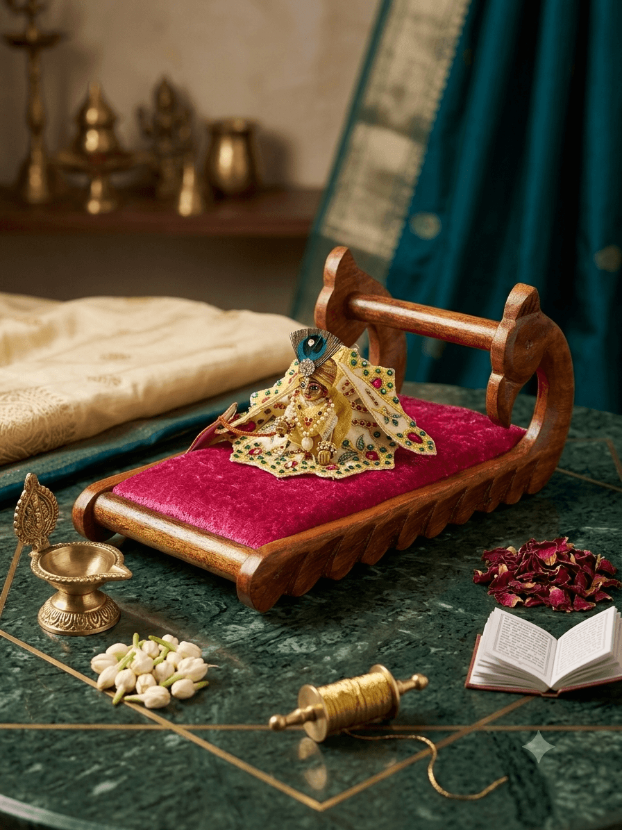 Handcrafted Wooden Bed with Red Velvet Cushion for Laddu Gopal — image 2