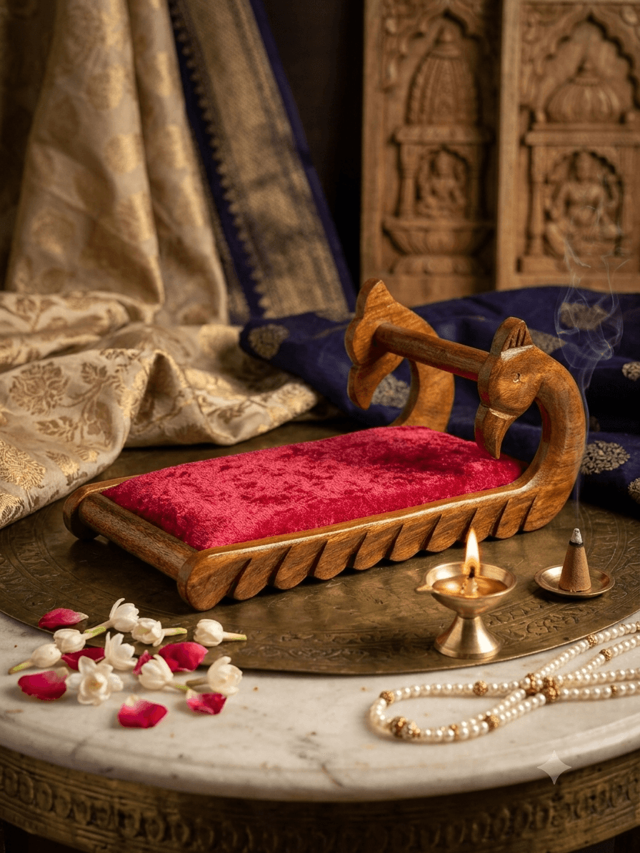 Handcrafted Wooden Bed with Red Velvet Cushion for Laddu Gopal — image 1