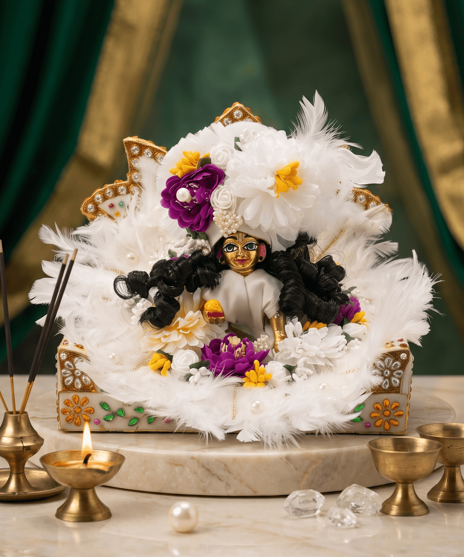 Handcrafted White Feather & Floral Laddu Gopal Poshak Set with Matching Mukut/Pagri — image 2
