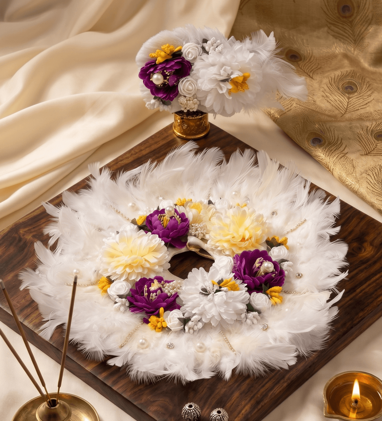 Handcrafted White Feather & Floral Laddu Gopal Poshak Set with Matching Mukut/Pagri — image 1