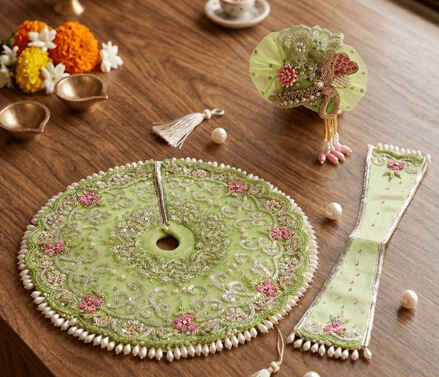 Light Lime Green Organza Net Floral Poshak Set with Stole & Pagri for Laddu Gopal