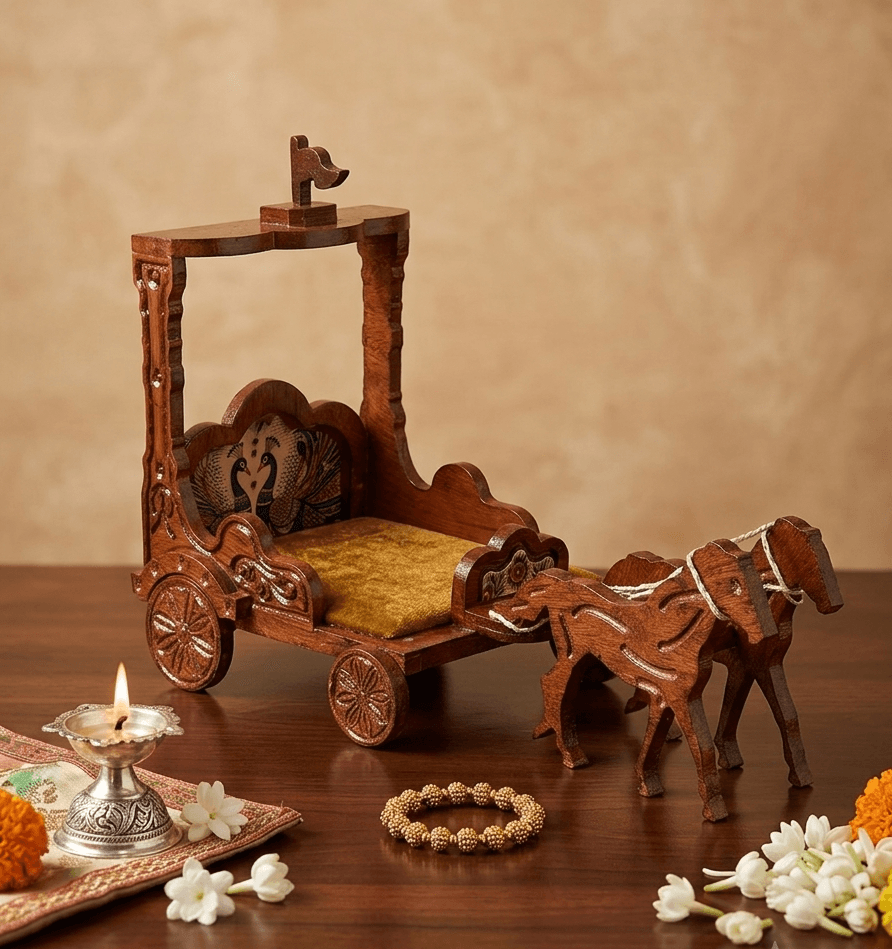 Handcrafted Wooden Horse Chariot Rath Singhasan with Peacock Artwork & Velvet Cushion for Laddu Gopal & Deity Idols — image 2