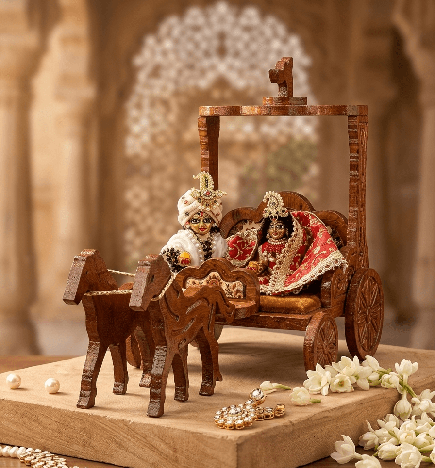 Handcrafted Wooden Horse Chariot Rath Singhasan with Peacock Artwork & Velvet Cushion for Laddu Gopal & Deity Idols — image 4