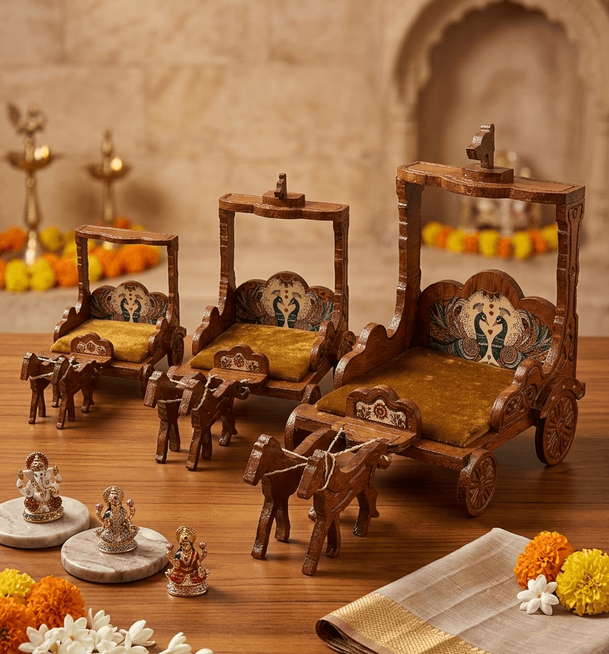 Handcrafted Wooden Horse Chariot Rath Singhasan with Peacock Artwork & Velvet Cushion for Laddu Gopal & Deity Idols — image 3