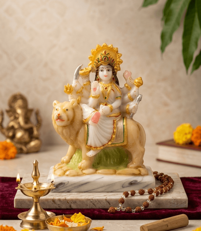 White Marble Dust Maa Durga Idol with Golden Crown