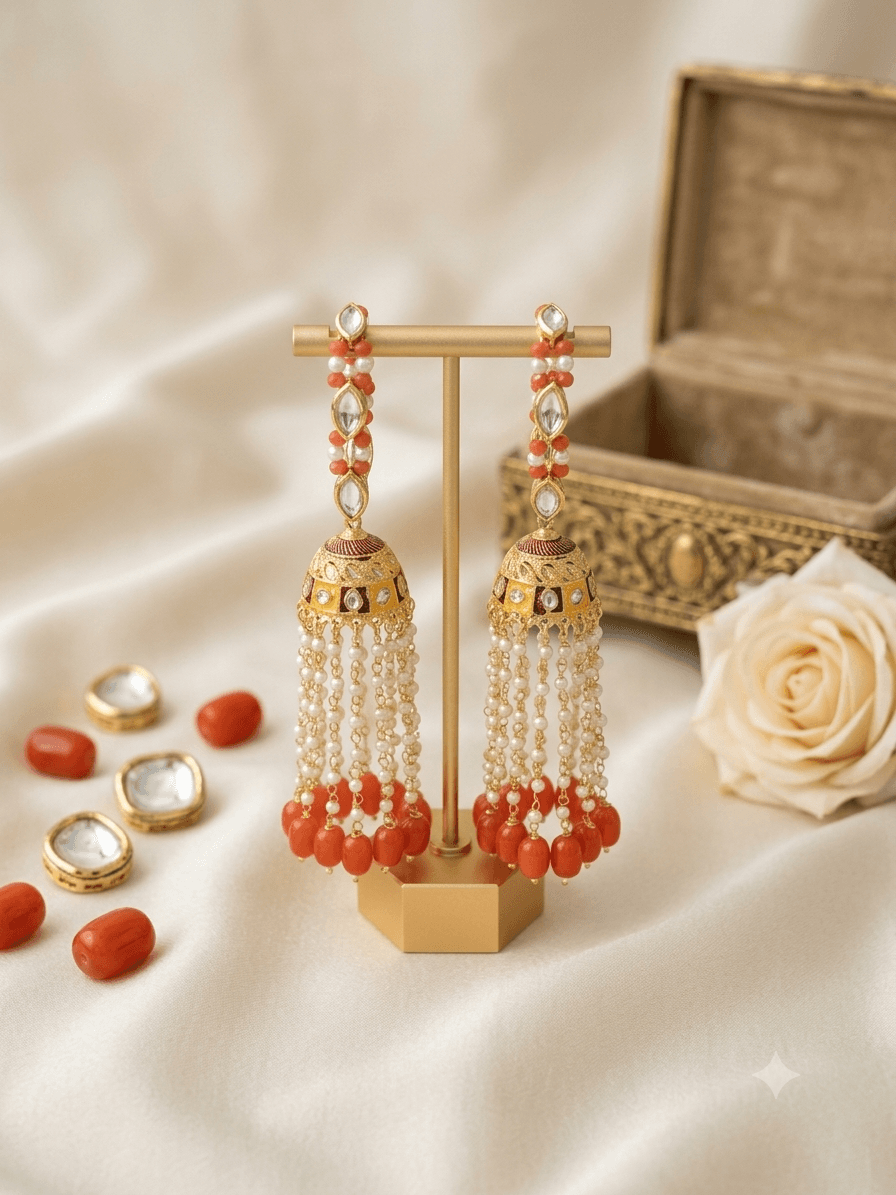 Traditional Kundan & Meenakari Kalire Set for Maa Durga & Radha Rani Idol - Orange — image 1