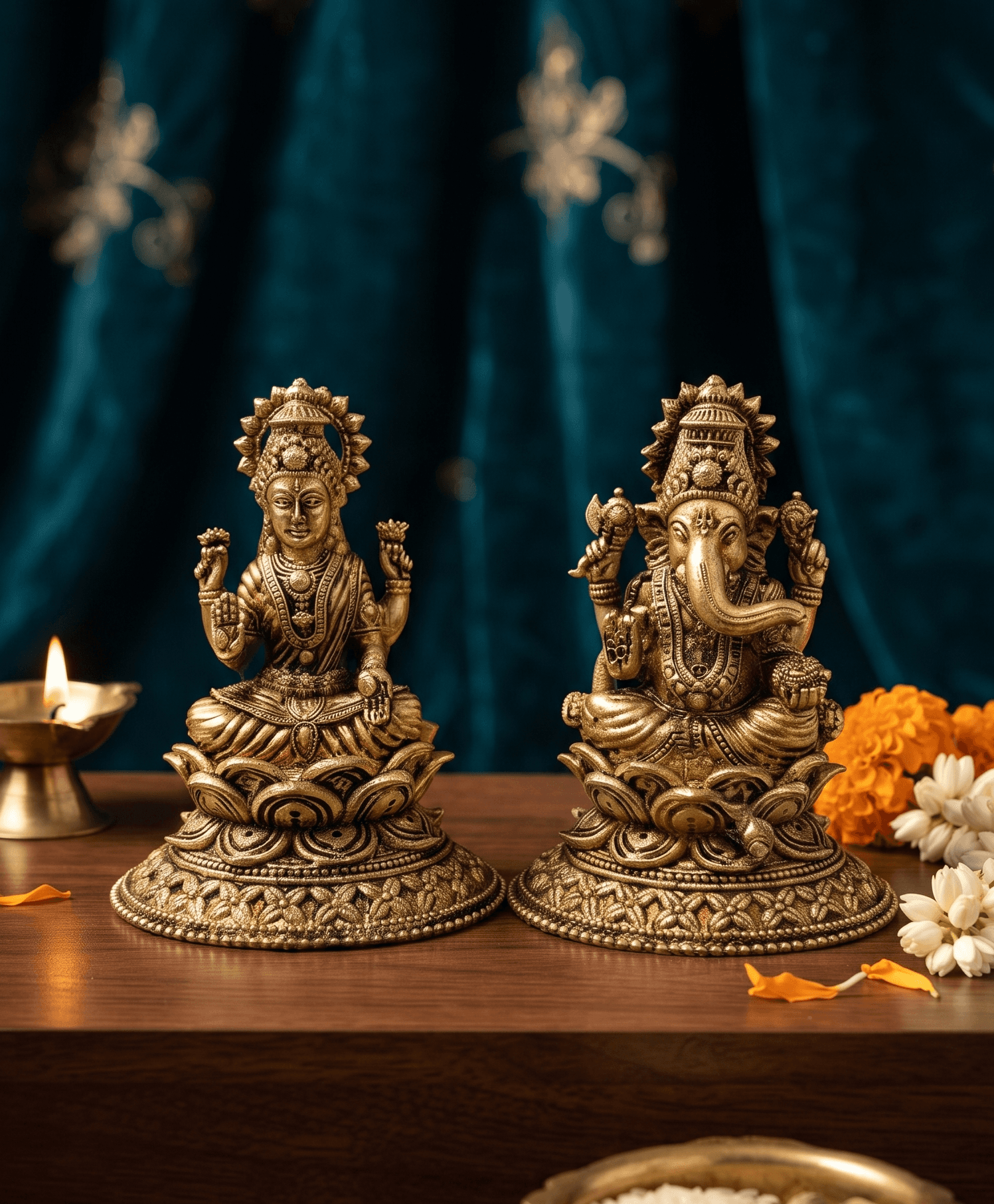 3 Inch Superfine Laxmi Ganesh Brass Idol Set on Tiered Lotus Pedestals