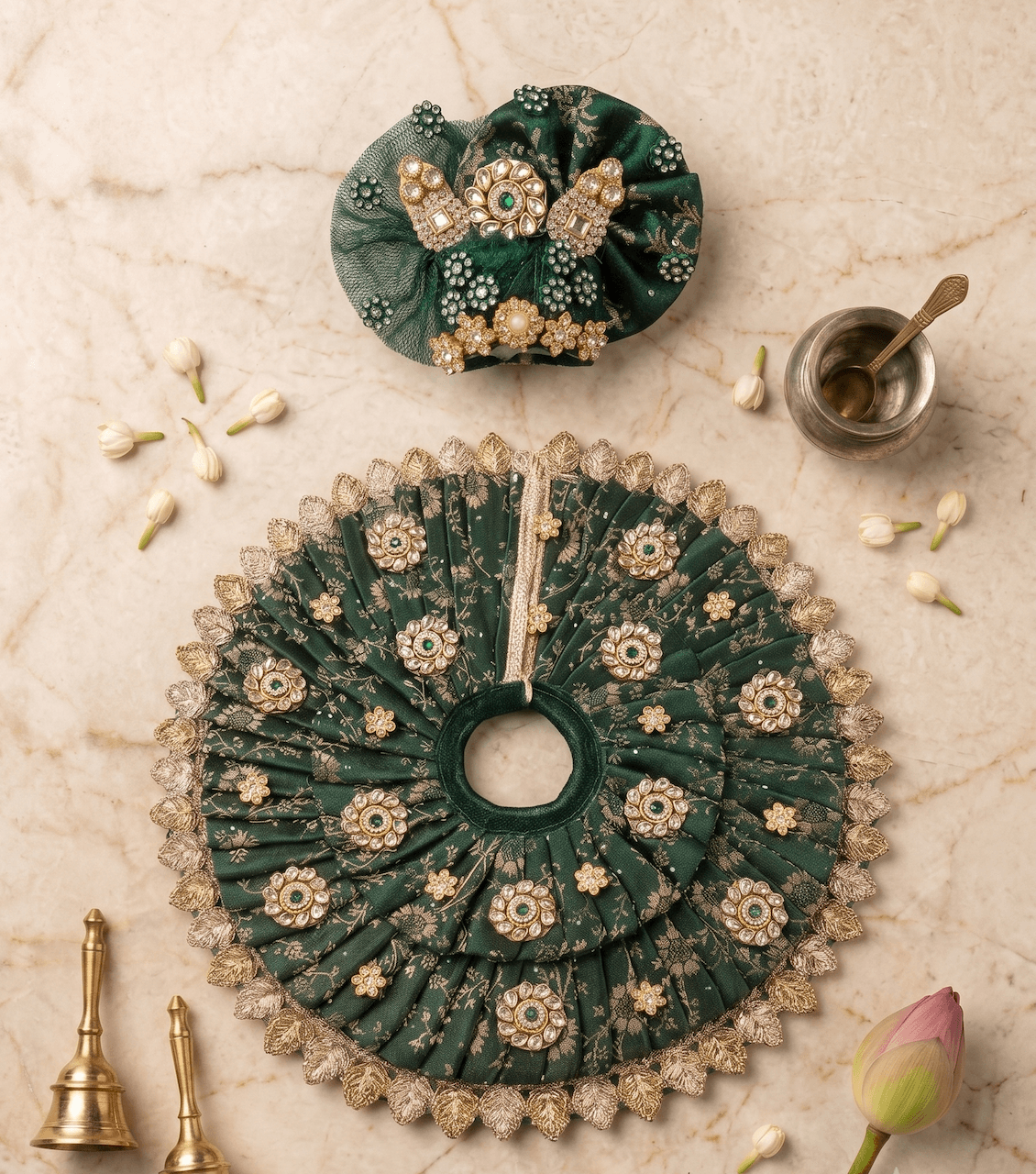 Olive Green Pleated Brocade Silk Poshak with Kundan Work & Matching Pagri for Laddu Gopal