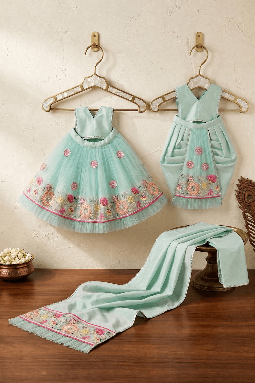 Radha Krishna Seafoam Cotton Net Poshak — image 1