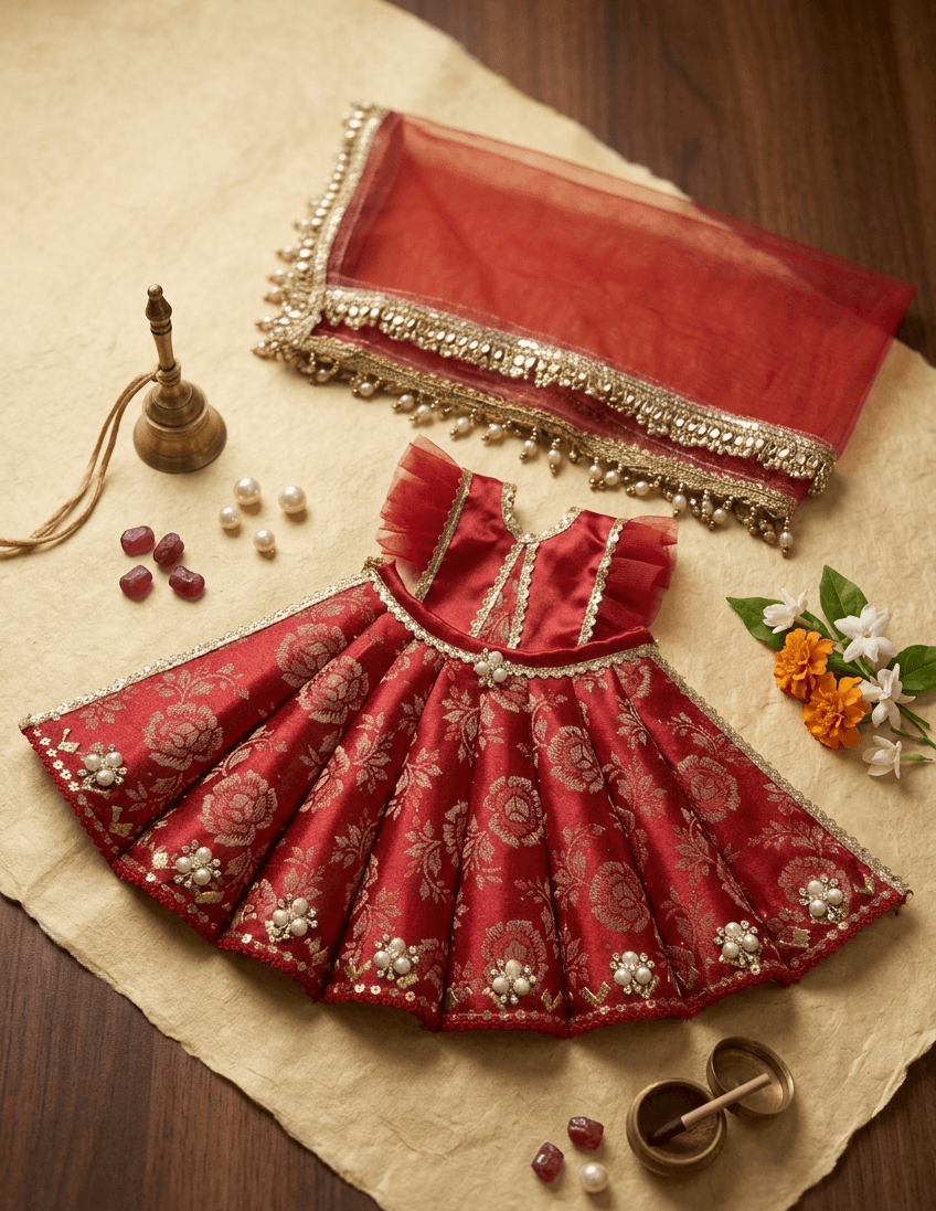 The Imperial Crimson Floral Jacquard Silk Poshak Set for Maa Durga — image 1