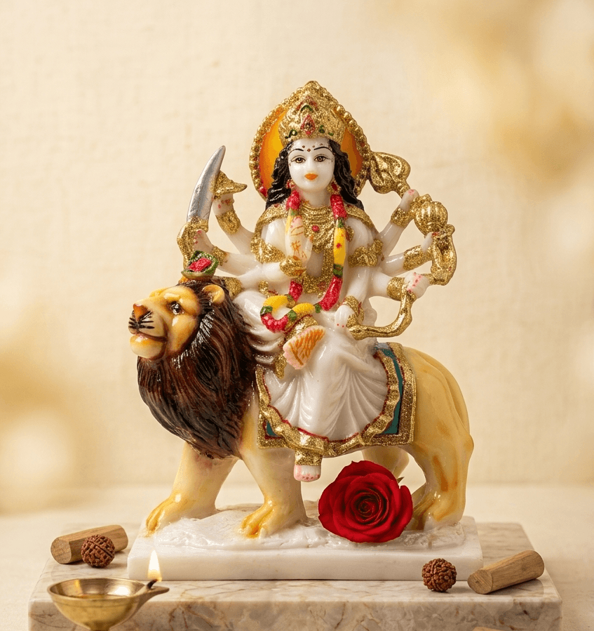 9-Inch White Marble Dust Maa Durga Idol with Gold Zari Border Saree & Crown — image 1