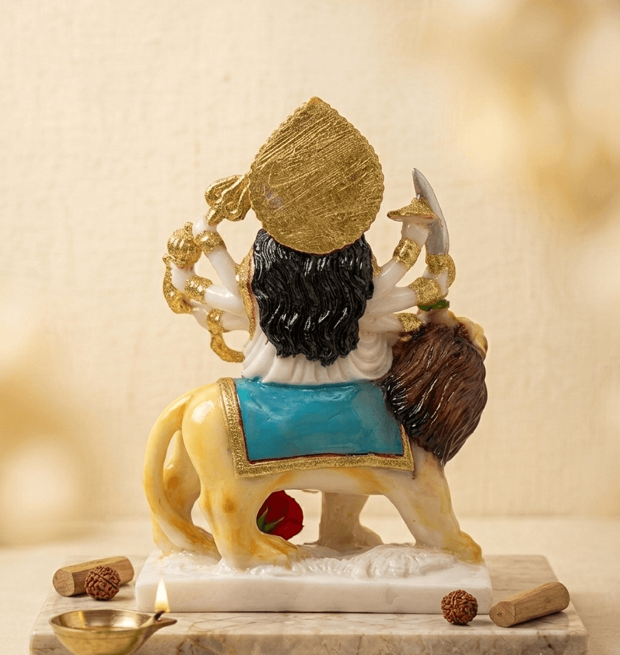 9-Inch White Marble Dust Maa Durga Idol with Gold Zari Border Saree & Crown — image 2