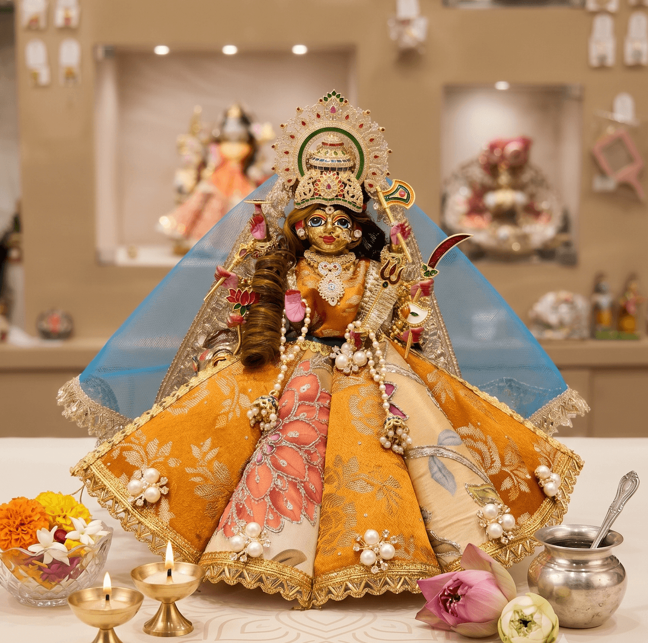 Handcrafted Yellow Brocade Mata Rani Poshak Set with Sky Blue Chunri & Pearl Lace