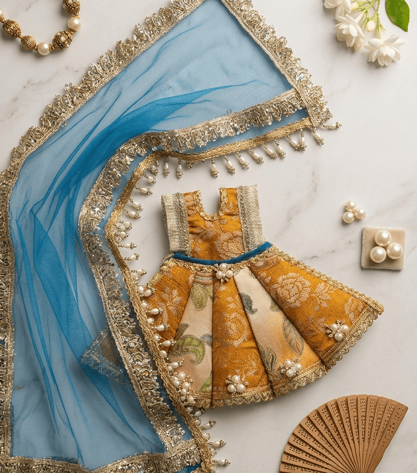 Handcrafted Yellow Brocade Mata Rani Poshak Set with Sky Blue Chunri & Pearl Lace — image 1