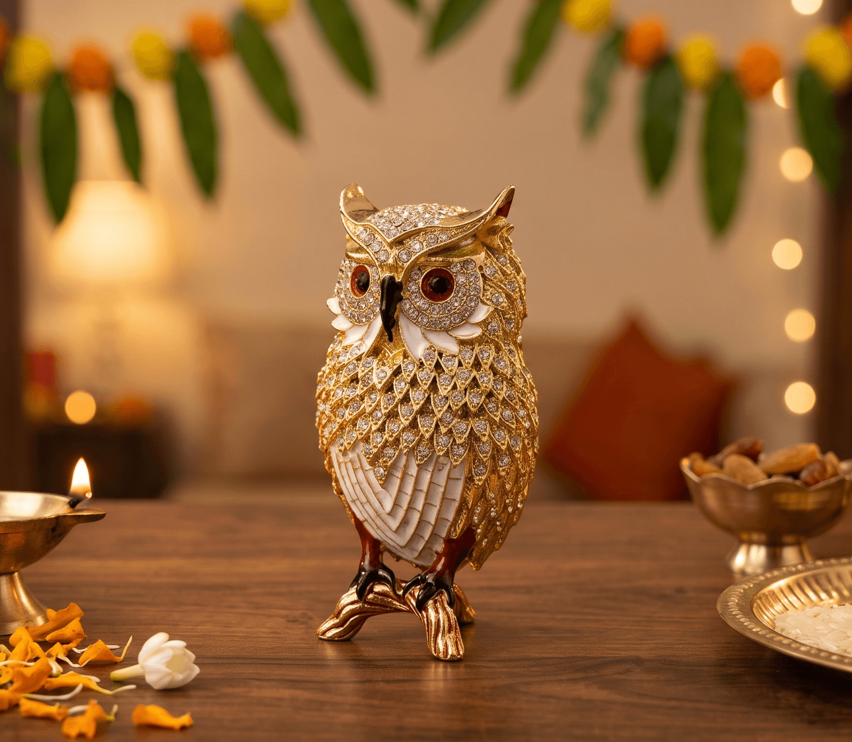 Artisan-Finished Golden Jeweled Owl Figurine with Crystal Feathers & White Enamel Accents for Home Mandir, Living Room Decor & Vastu Prosperity