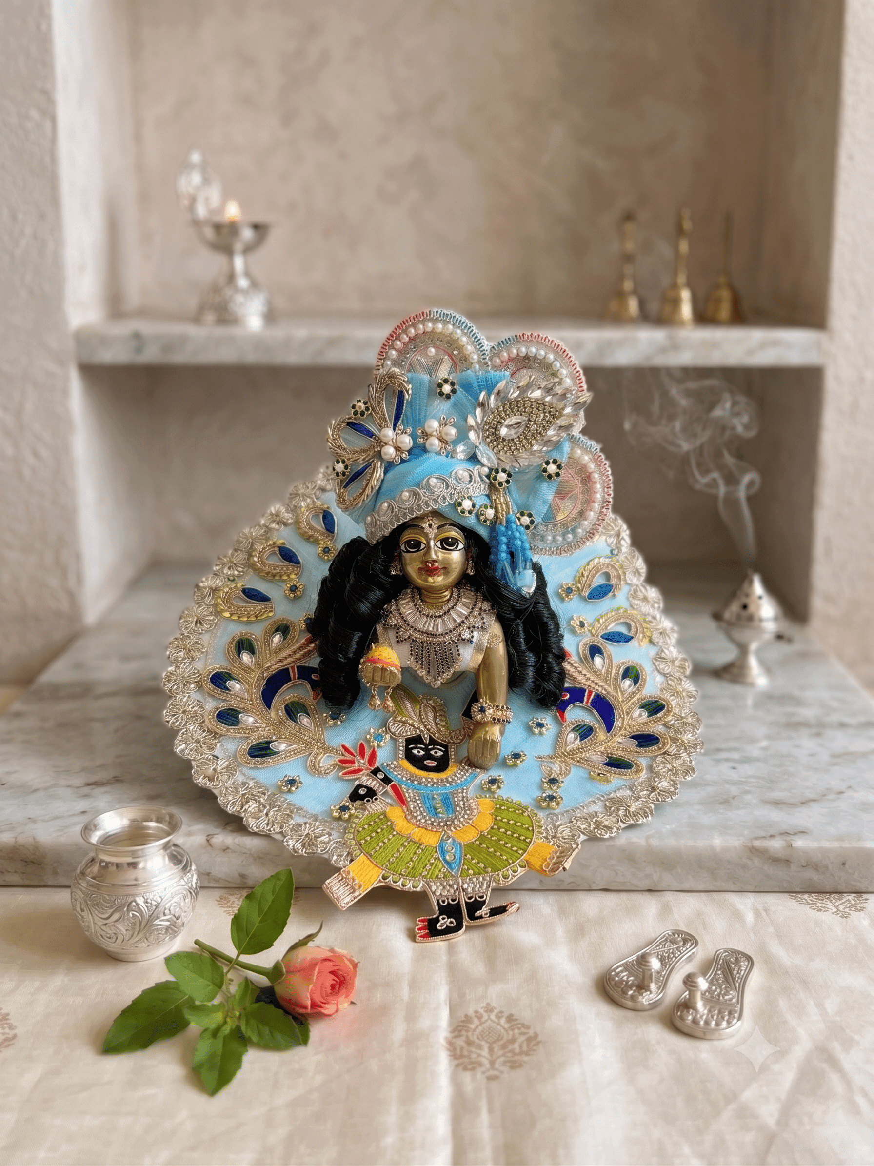 Sky Blue Zardozi Embroidered Srinathji Motif Deity Dress Set with Matching Pagri — image 1