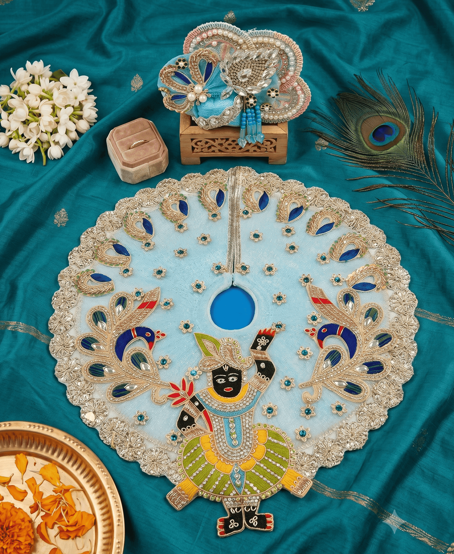 Sky Blue Zardozi Embroidered Srinathji Motif Deity Dress Set with Matching Pagri — image 2