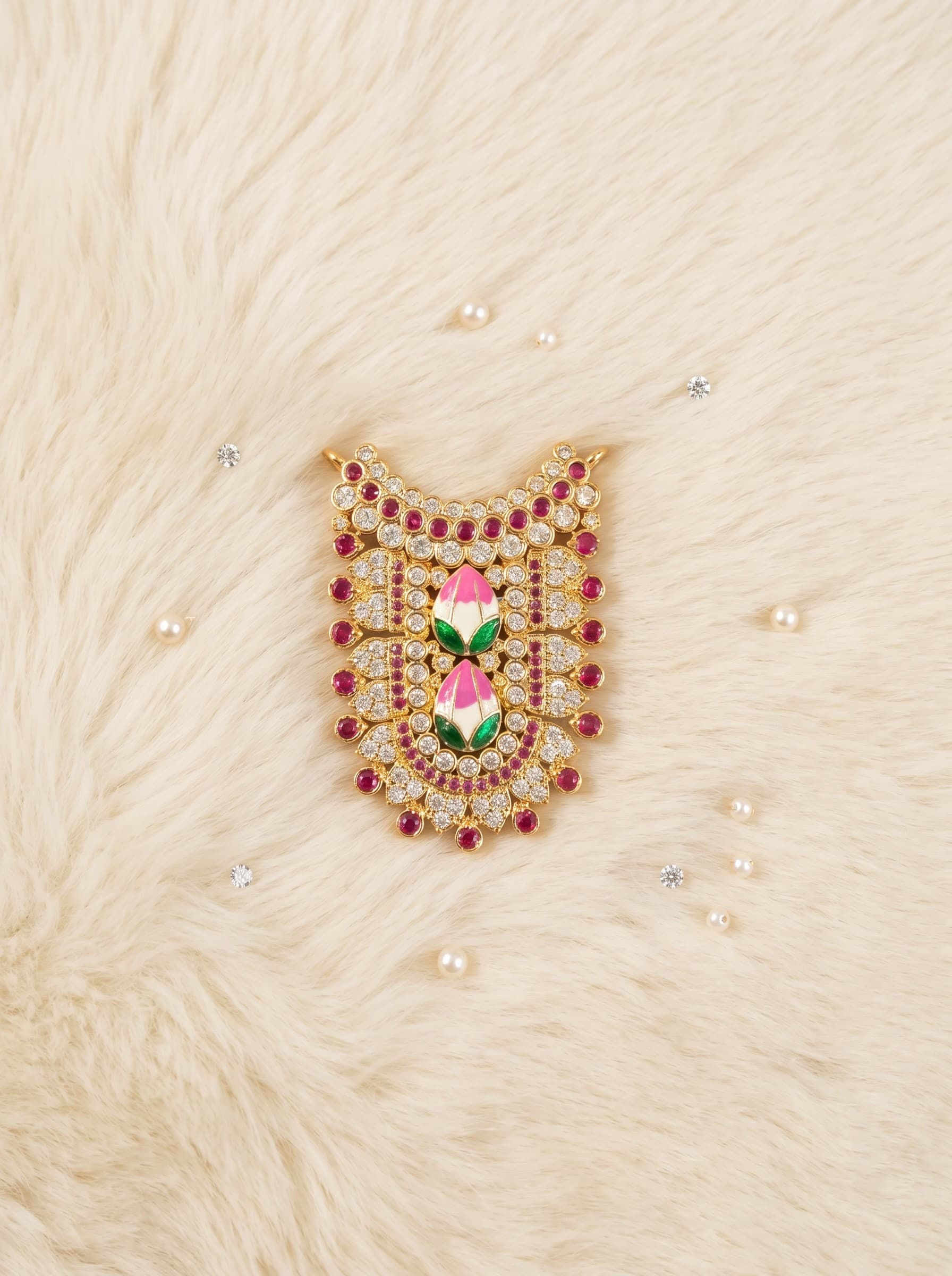 Divine Lotus Meenakari Shield American Diamond Necklace — image 1