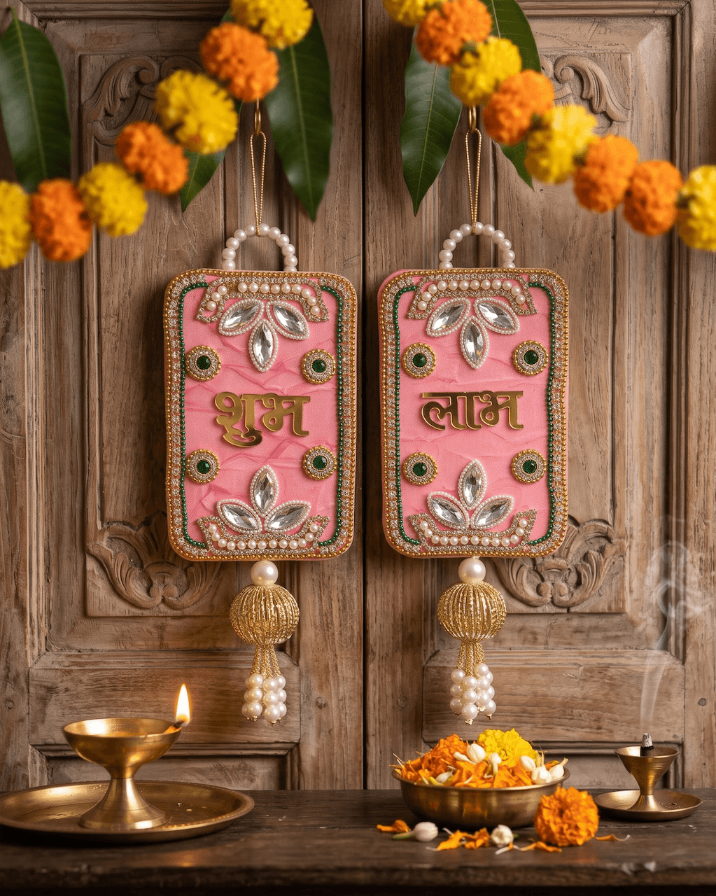 Artisan-Crafted Pastel Pink Rectangular Shubh Labh Hanging Latkan Set for Door & Wall Decor