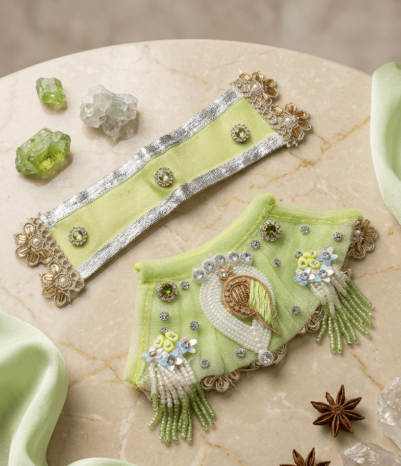 Handcrafted Light Green Net Mata Rani Poshak Set with Pearl & Zardozi Work — image 1