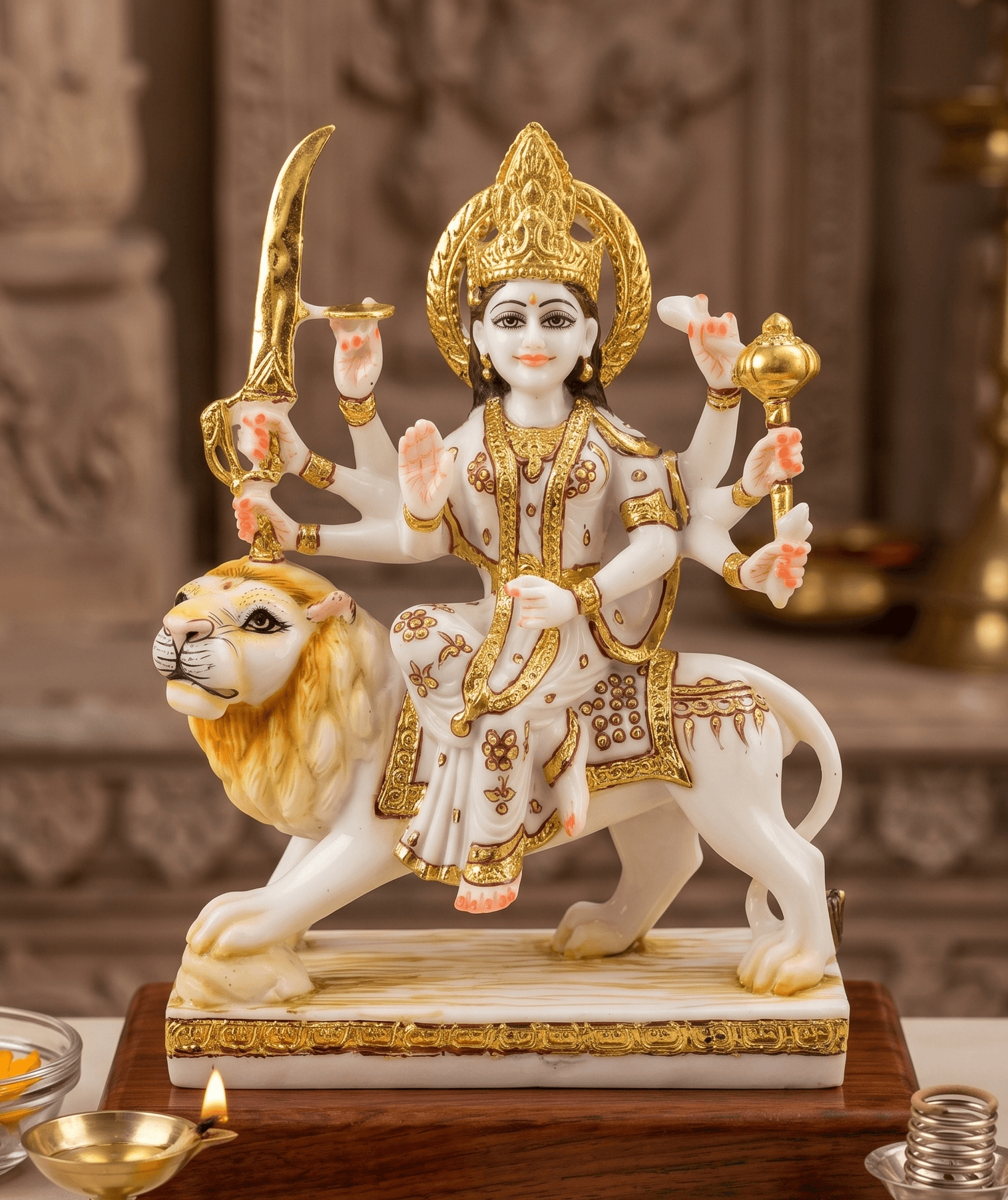 The Sacred White Marble Finish Maa Durga Idol with Ornate Gold Detailing - 9 Inch