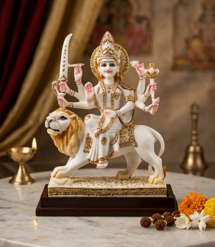 The Sacred White Marble Finish Maa Durga Idol with Ornate Gold Detailing - 9 Inch — image 1