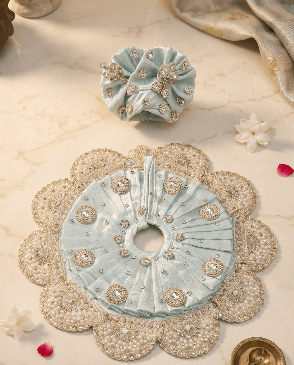 Sky Blue Satin Dress Set with Pearl Scalloped Border & Matching Pagri for Laddu Gopal