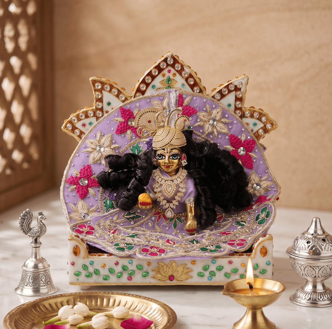 Lavender Silk & Net Embroidered Floral Poshak Set with Resham Threadwork for Laddu Gopal — image 1