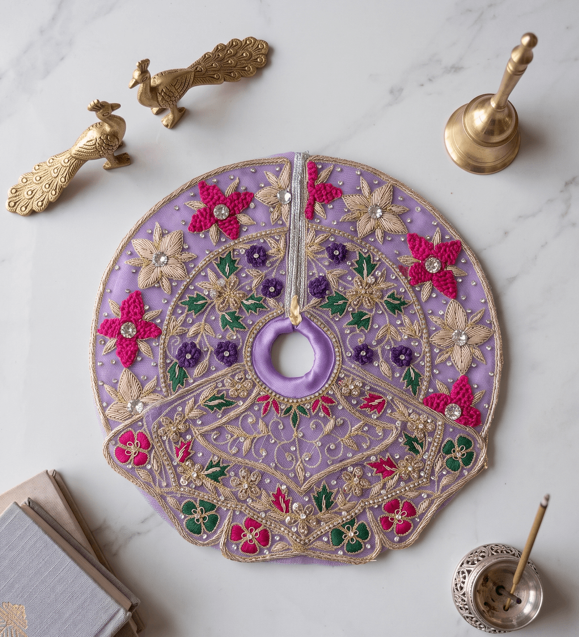 Lavender Silk & Net Embroidered Floral Poshak Set with Resham Threadwork for Laddu Gopal — image 2