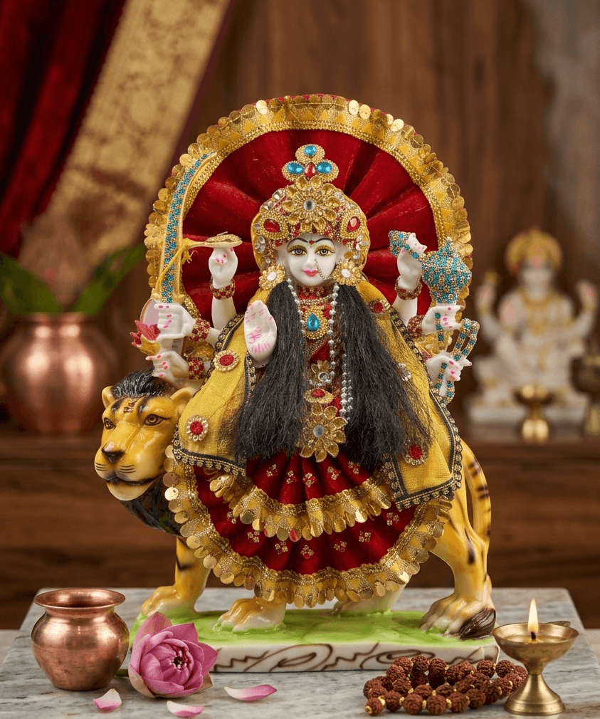 15-Inch Hand-Crafted Marble Dust Maa Durga Idol with Fabric Dress & Stone Work — image 1