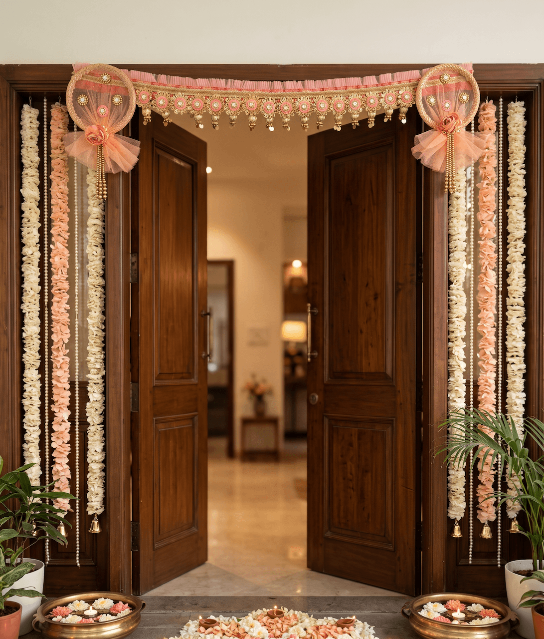 Handcrafted Peach Net & Floral Medallion Door Toran / Bandhanwar — image 2