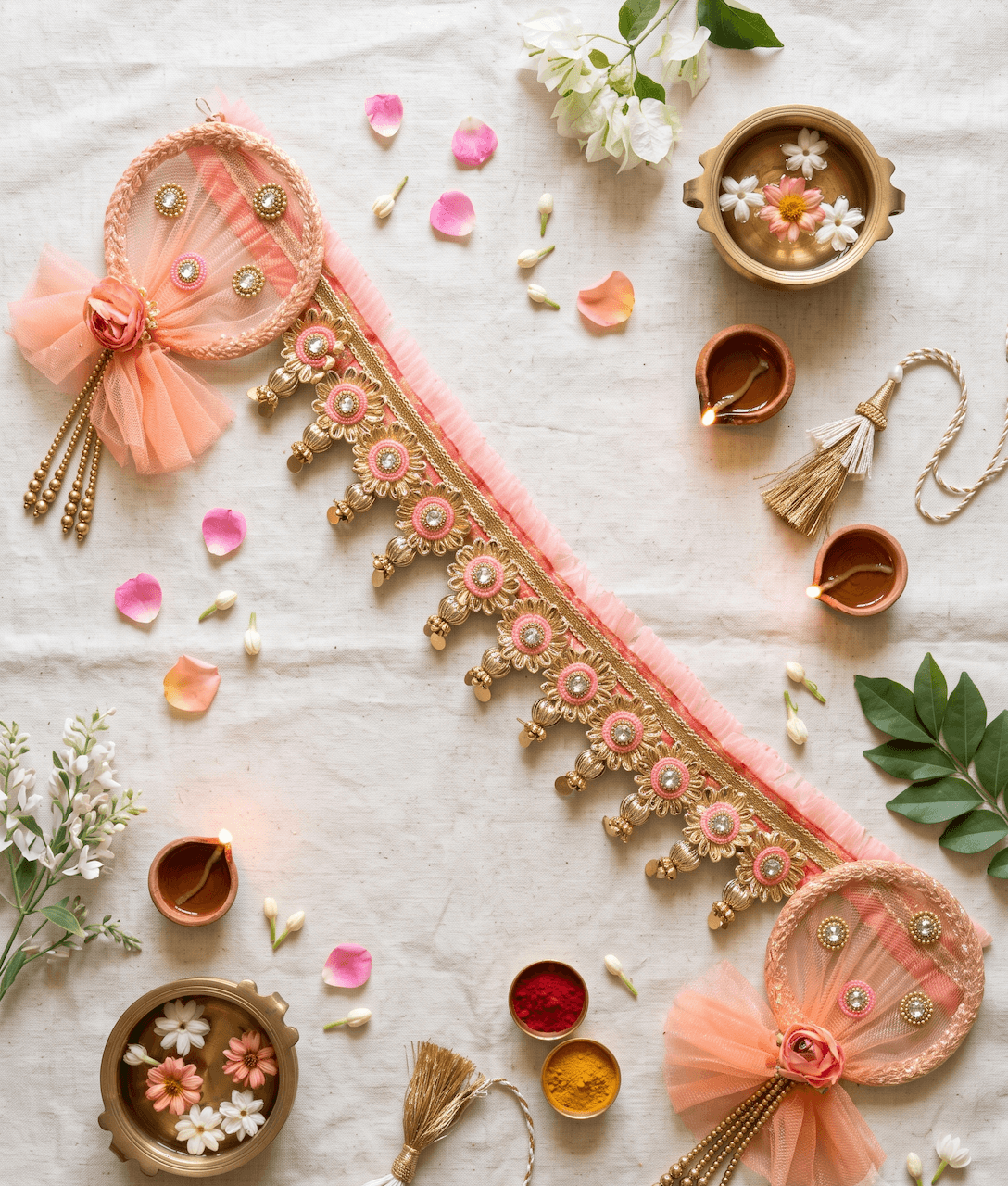 Handcrafted Peach Net & Floral Medallion Door Toran / Bandhanwar