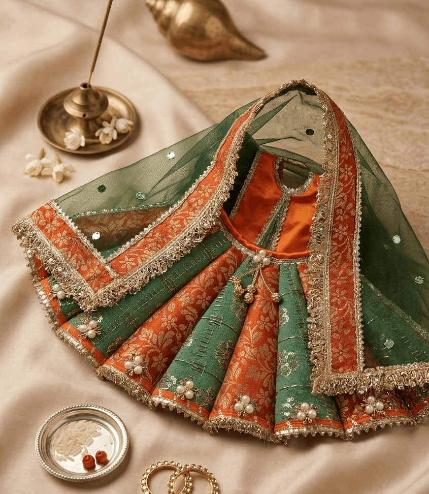 The Sacred Emerald & Rust Handcrafted Brocade Poshak Set for Maa Durga