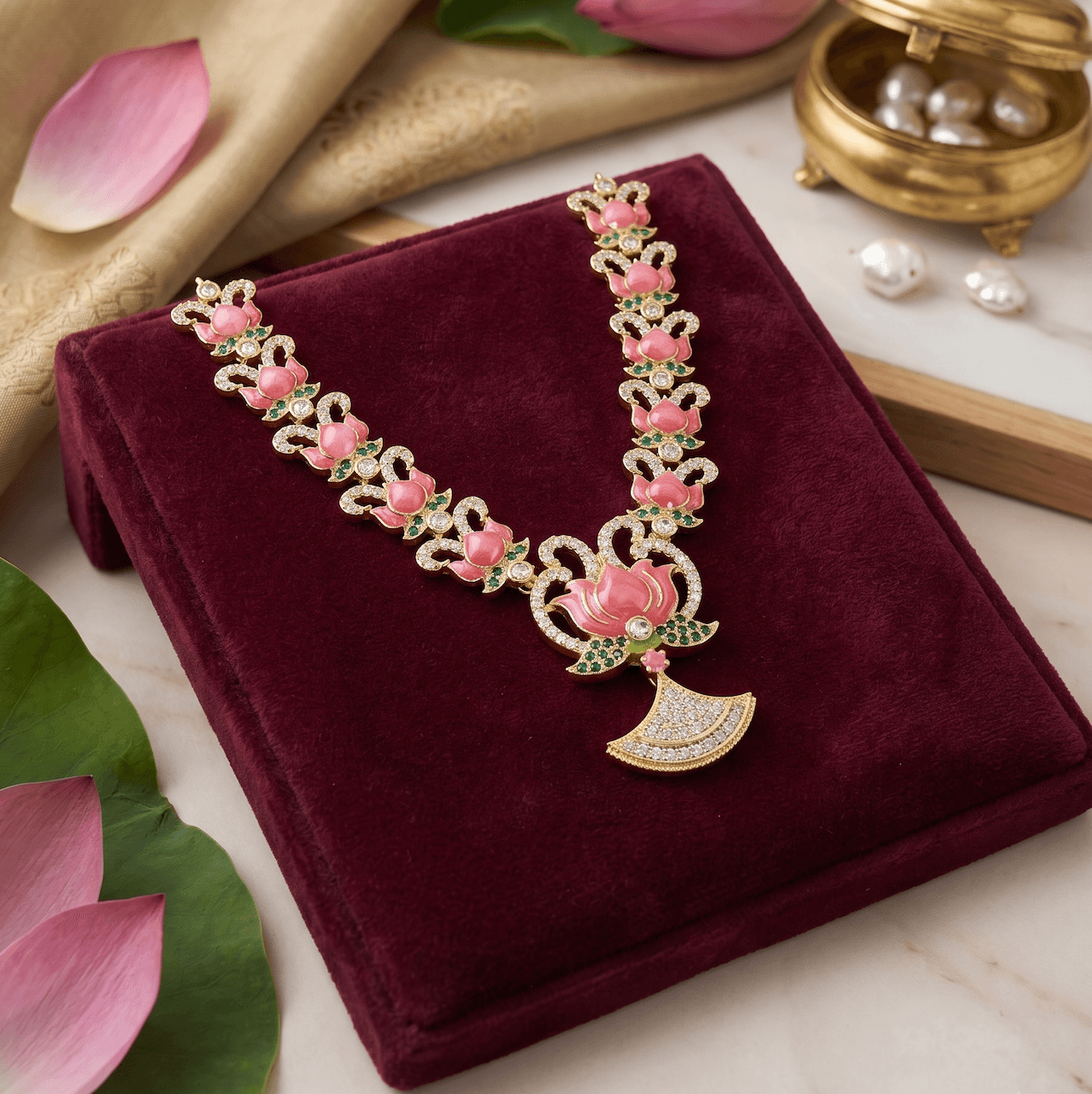 Handcrafted Pink Meenakari Lotus AD Mala Haar Necklace for Laddu Gopal, Radha Rani & Deity Idols