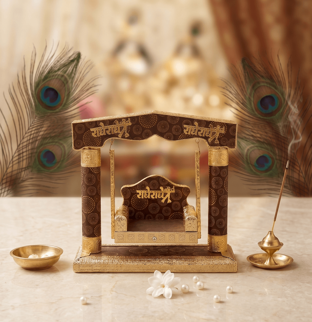 Handcrafted Chocolate Brown & Gold Designer Jhula Swing with Golden "Radhe Radhe" Calligraphy for Laddu Gopal — image 2