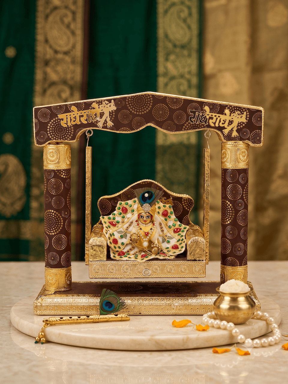 Handcrafted Chocolate Brown & Gold Designer Jhula Swing with Golden "Radhe Radhe" Calligraphy for Laddu Gopal — image 1