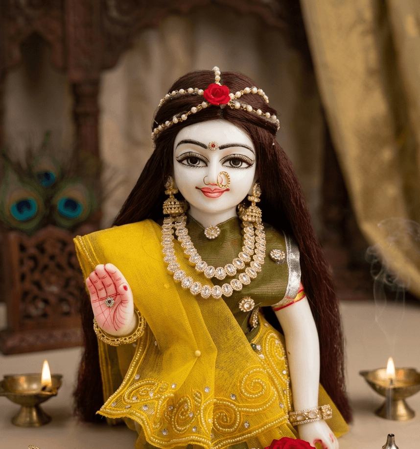Handcrafted Long Brown Open Hair Shringaar with Mogra Gajra Bun & Rose Accent for Radha Rani & Goddess Idols — image 1