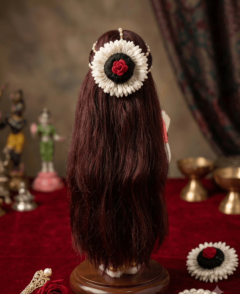 Handcrafted Long Brown Open Hair Shringaar with Mogra Gajra Bun & Rose Accent for Radha Rani & Goddess Idols — image 2