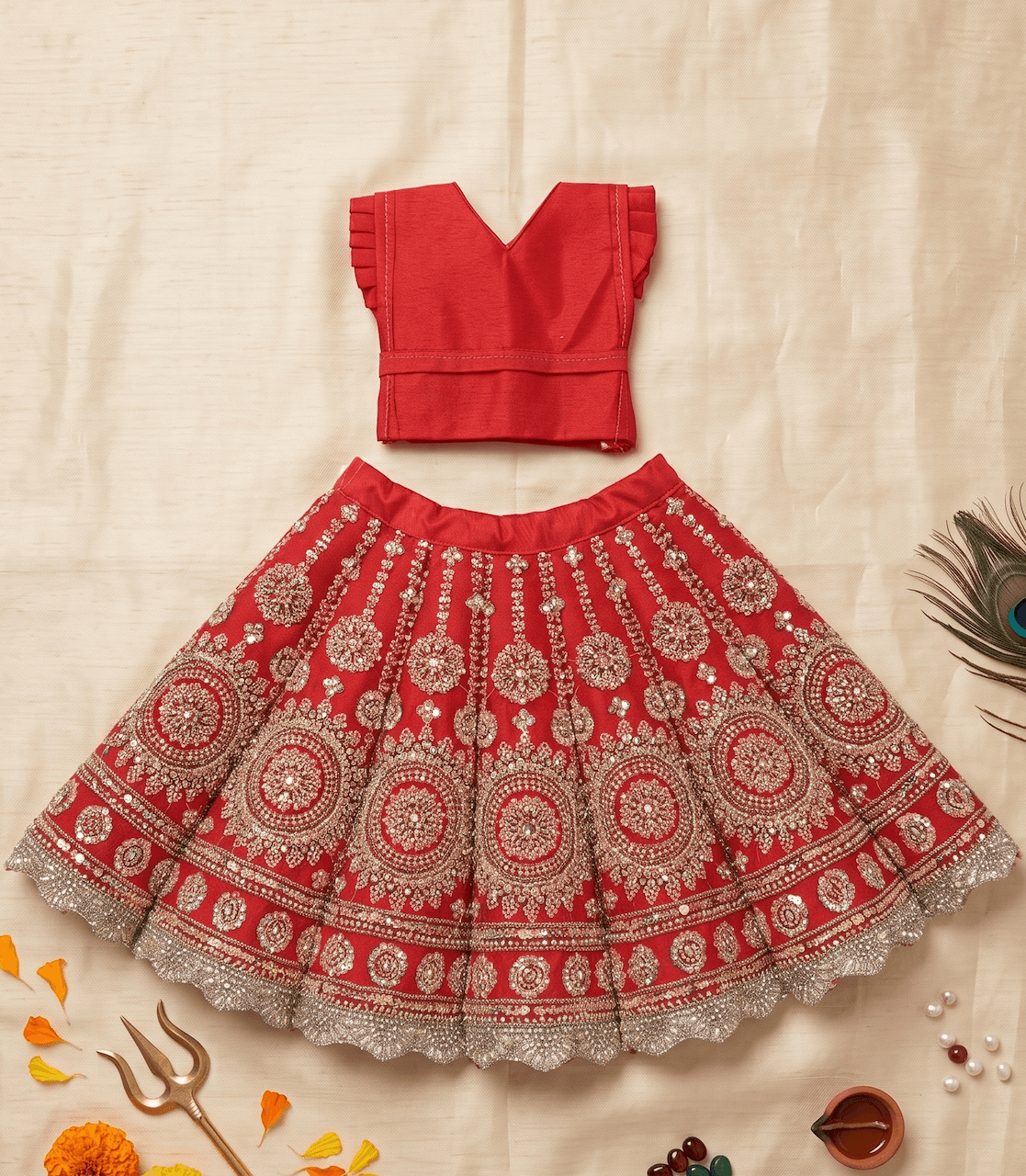 Handcrafted Net Zardozi & Sequin Mata Rani Poshak Set - 7 Inch / Red — image 2