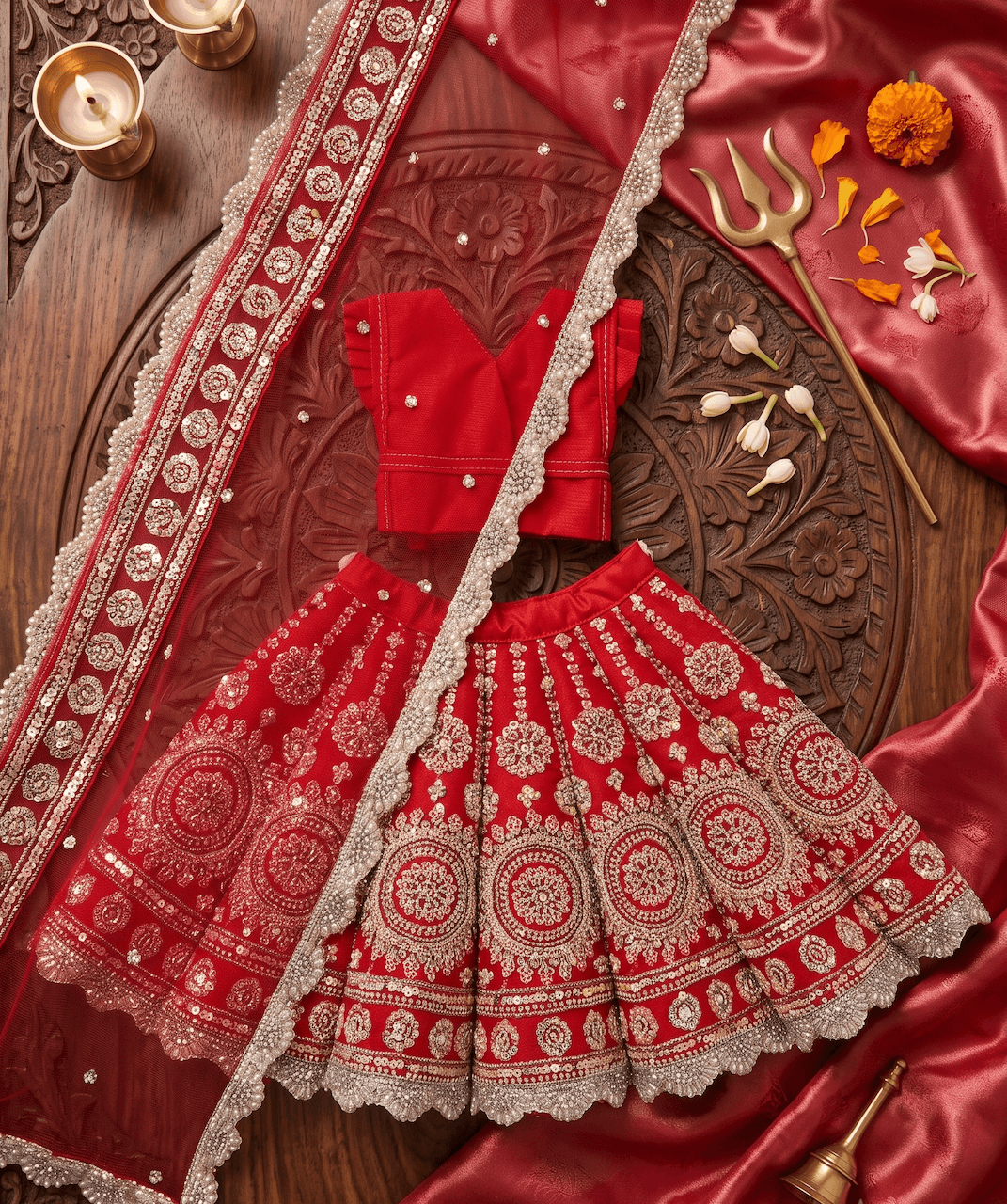 Handcrafted Net Zardozi & Sequin Mata Rani Poshak Set - 7 Inch / Red — image 1