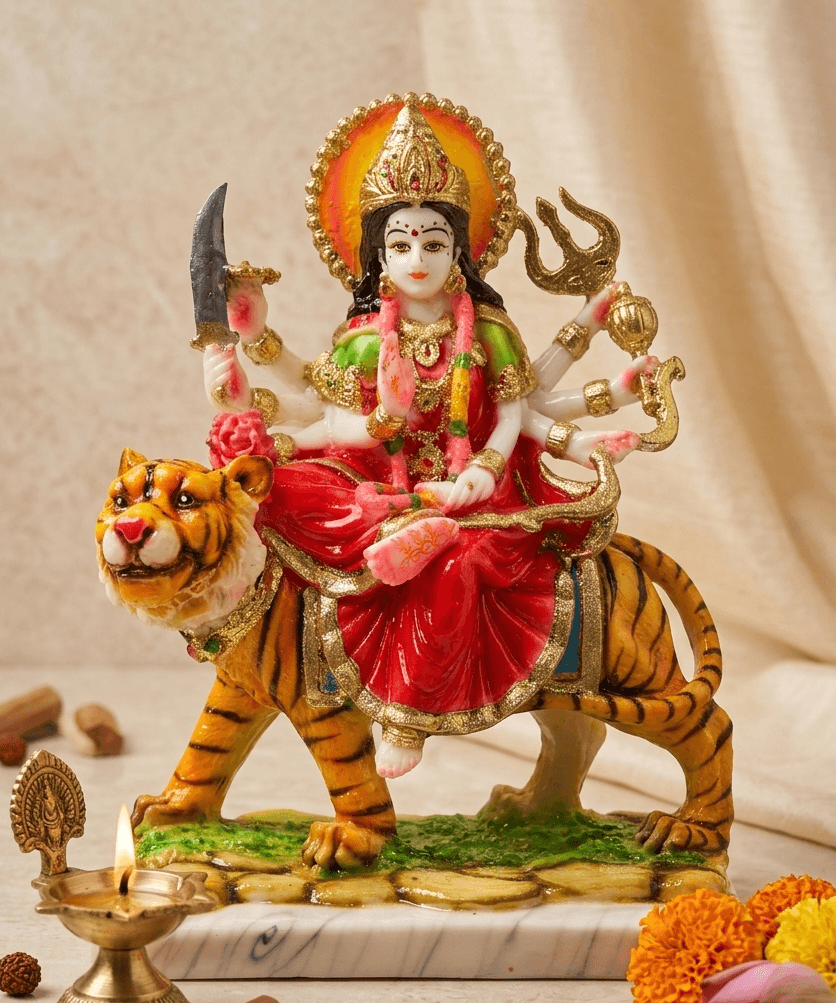 13-Inch Hand-Painted Marble Dust Maa Durga Statue on Tiger — image 1