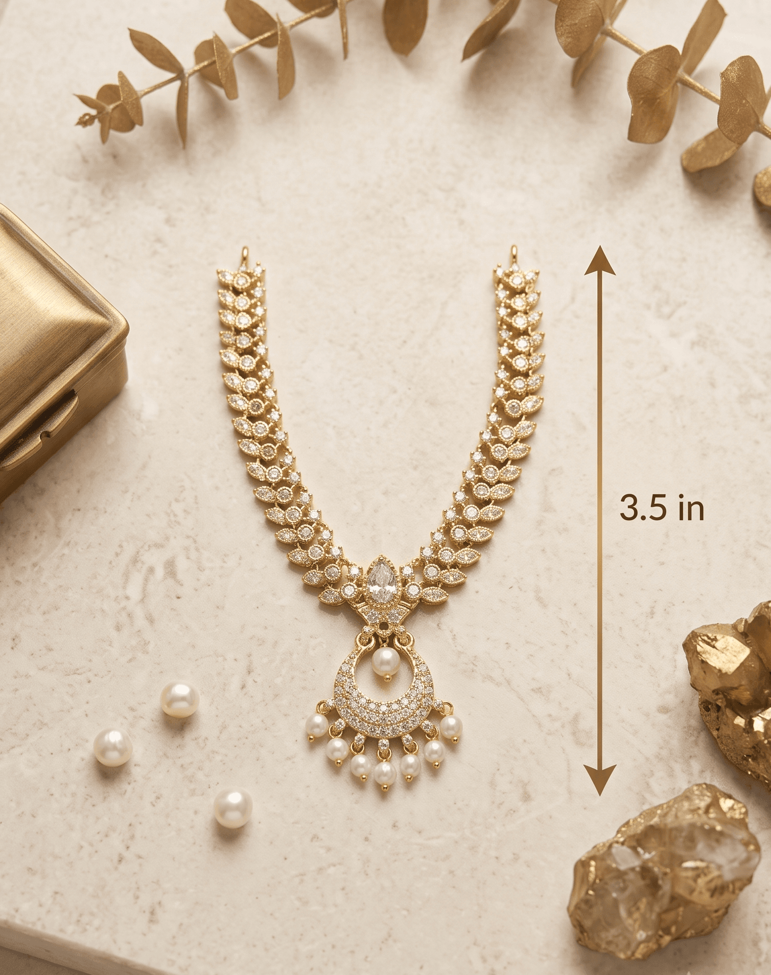 Handcrafted Gold-Plated AD & Pearl Crescent Pendant Deity Necklace for God Idols - Medium / White — image 2