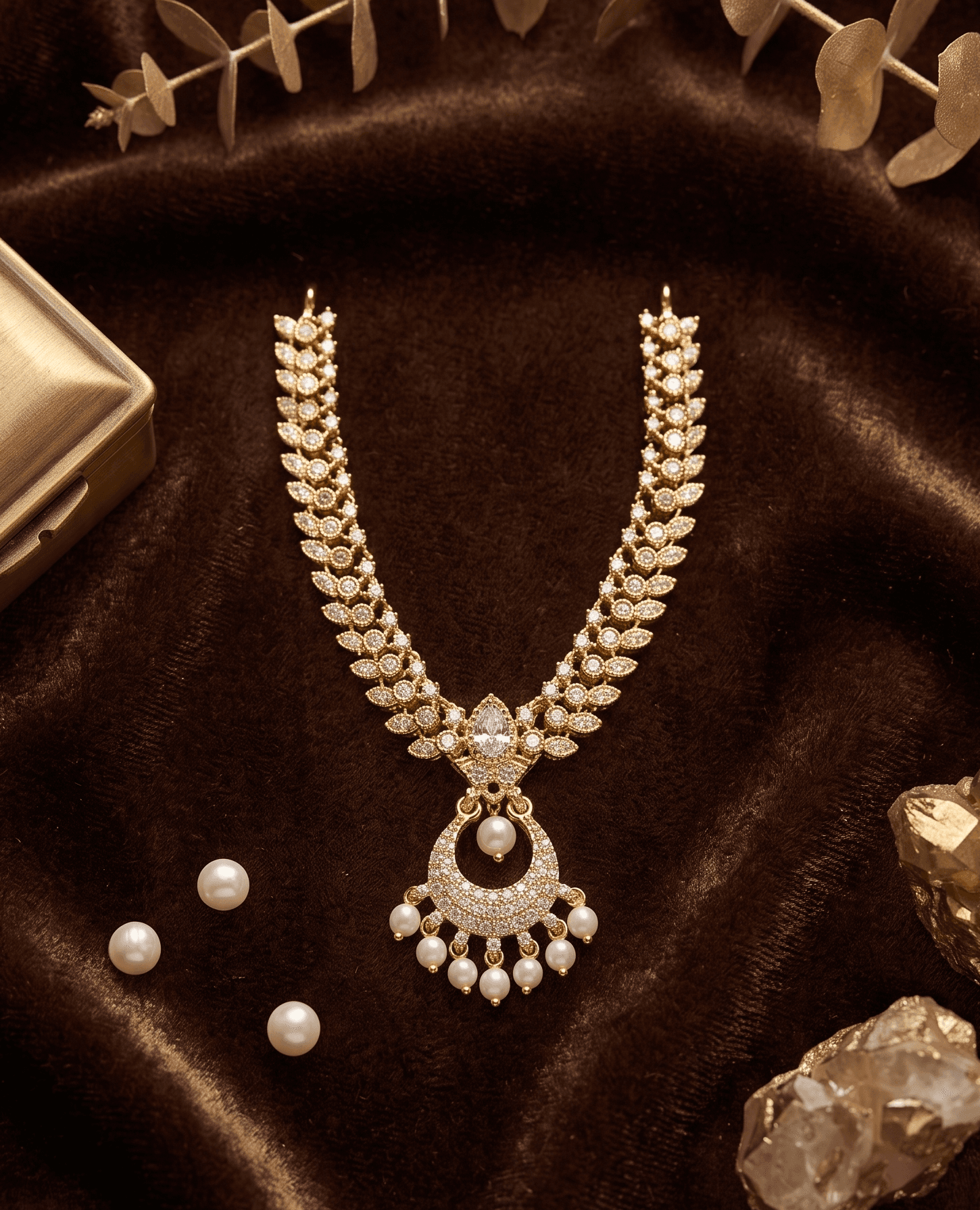 Handcrafted Gold-Plated AD & Pearl Crescent Pendant Deity Necklace for God Idols - Medium / White — image 1
