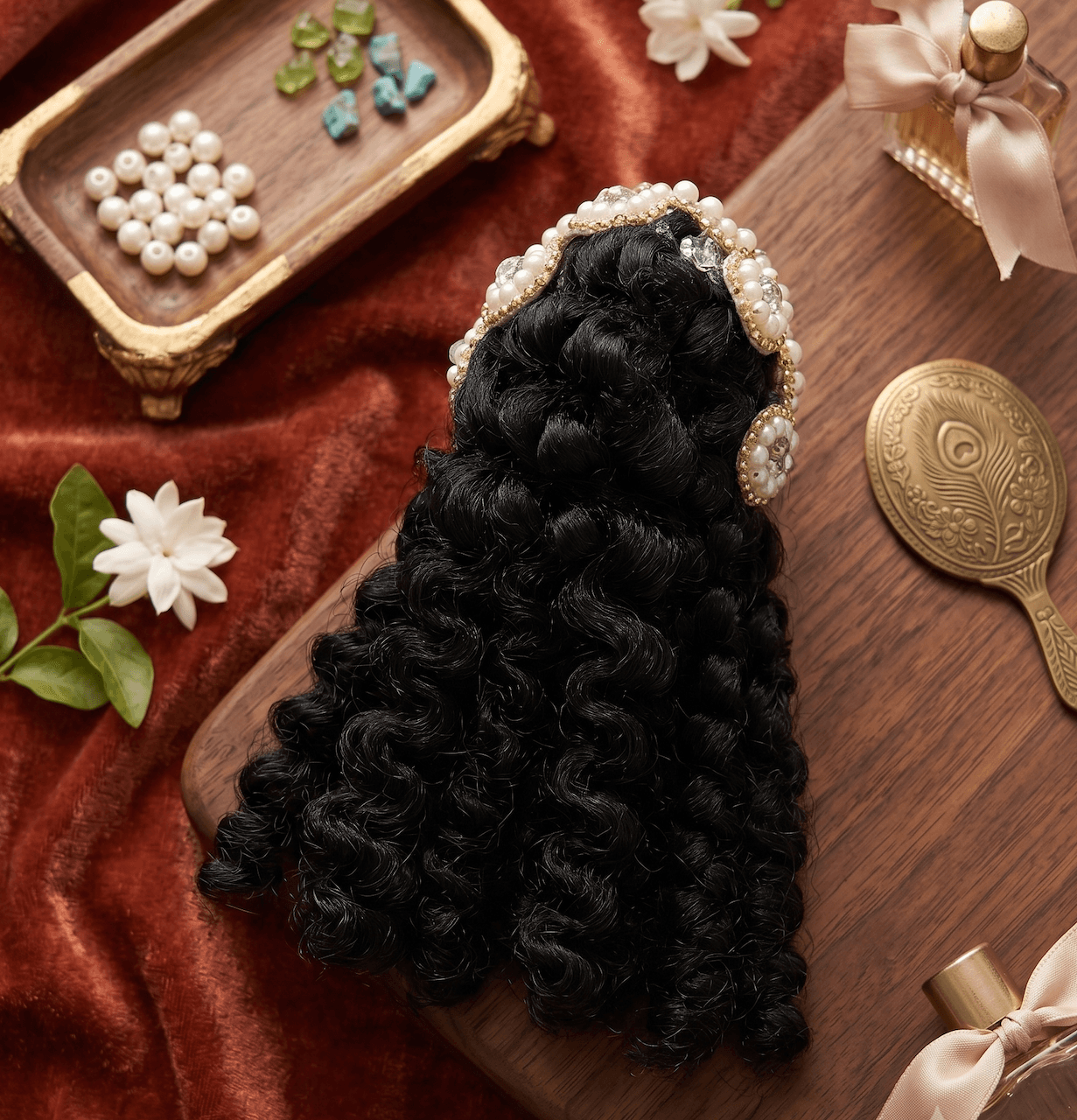 Decorated Mor Pankh Black Curly Hair Shringaar (Kesh) for Laddu Gopal & Deity Idols — image 3