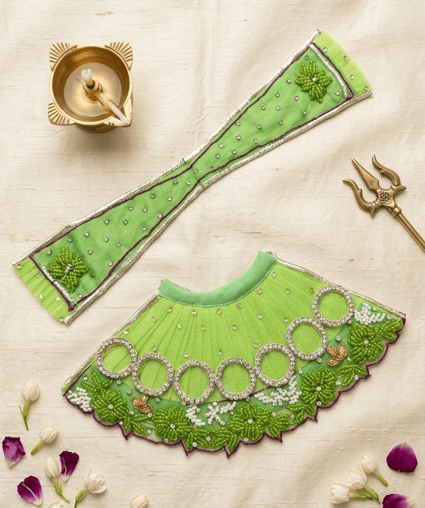 Handcrafted Lime Green Hand-Embroidered Mata Rani Poshak Set — image 1