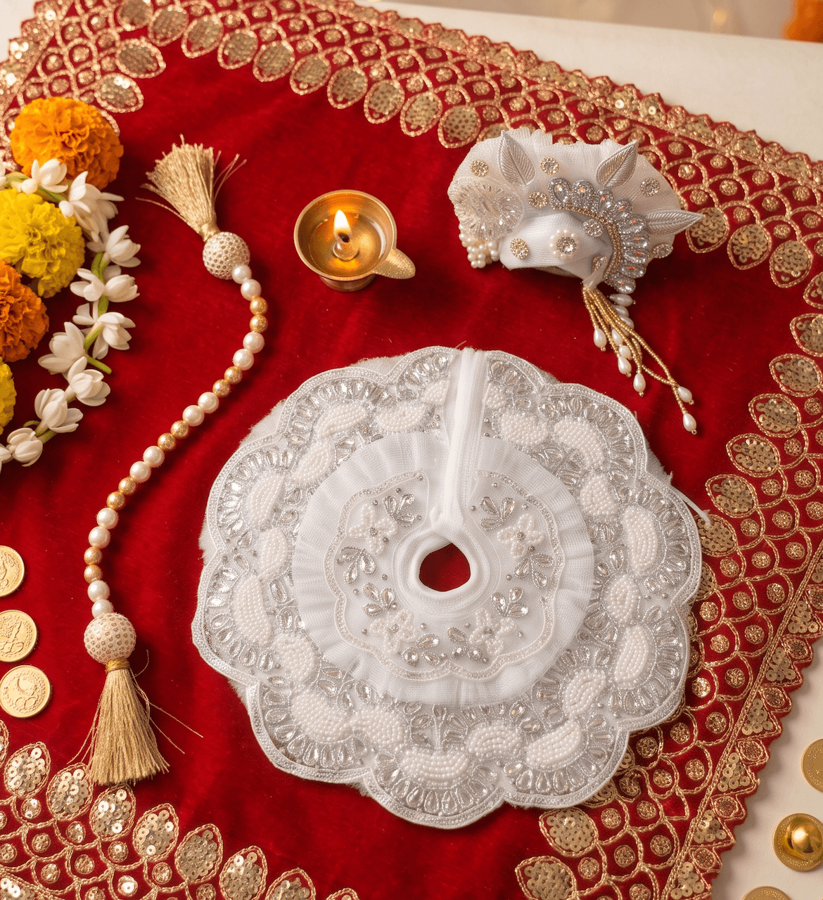 Handcrafted Pure White Pearl & Stone Work Laddu Gopal Poshak Set with Matching Mukut — image 1