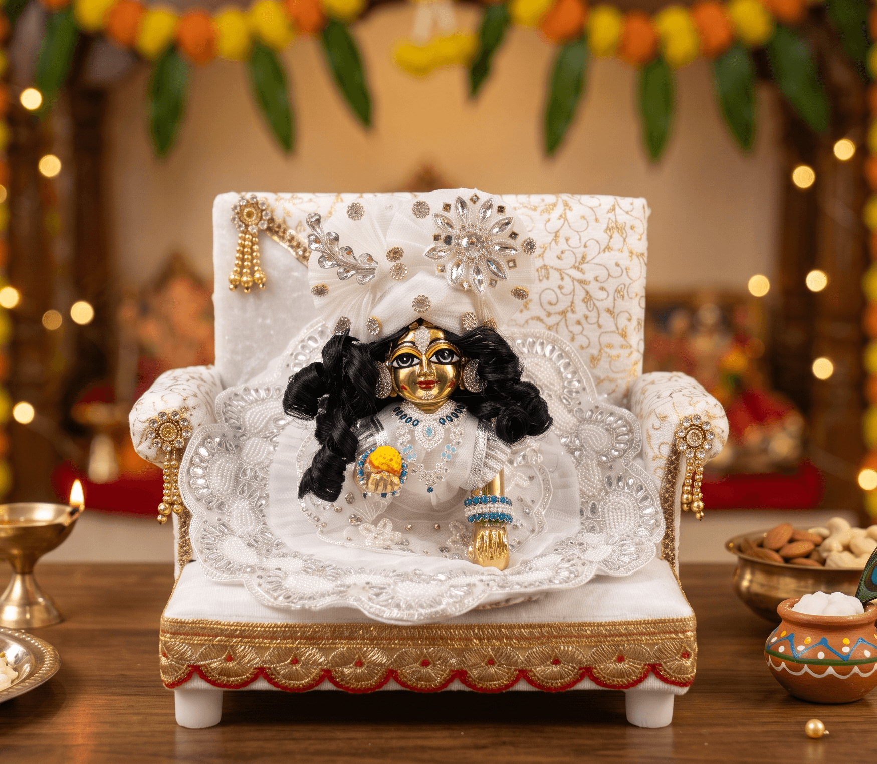 Handcrafted Pure White Pearl & Stone Work Laddu Gopal Poshak Set with Matching Mukut — image 2