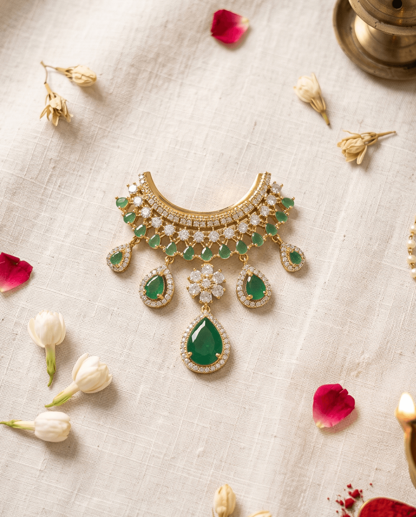 Handcrafted American Diamond (AD) Deity Hasli with Central Floral Motif & Pear Drops - Green — image 1