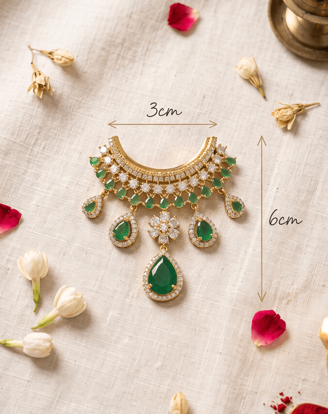 Handcrafted American Diamond (AD) Deity Hasli with Central Floral Motif & Pear Drops - Green — image 2